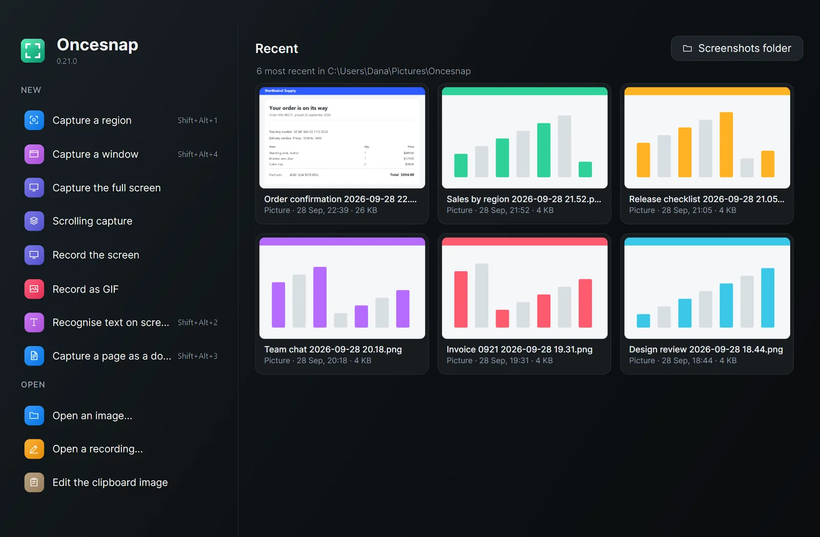 The start window: everything Oncesnap can start, with its shortcuts, beside the most recent captures